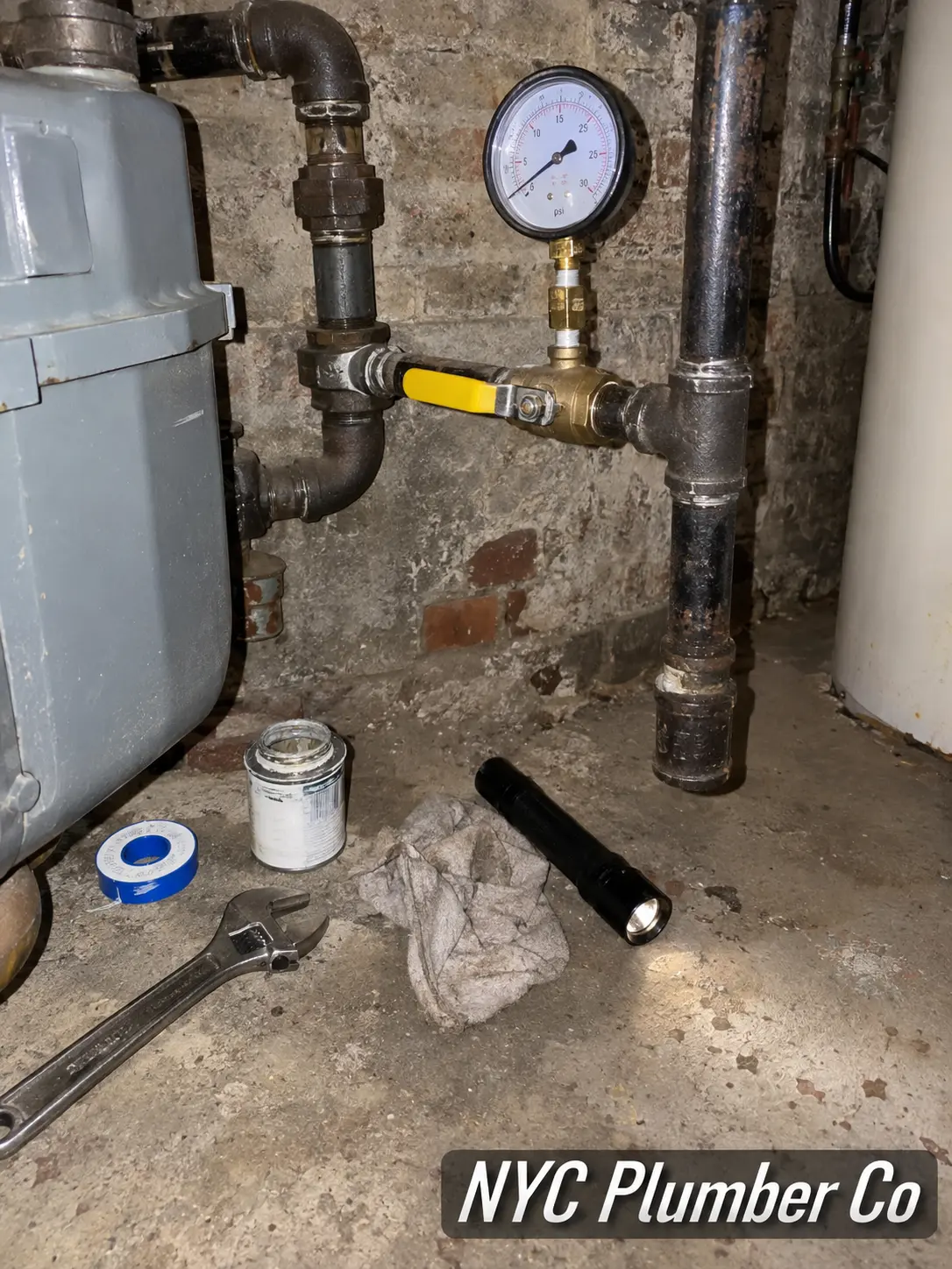 Gas line pressure test gauge installed next to a gas meter