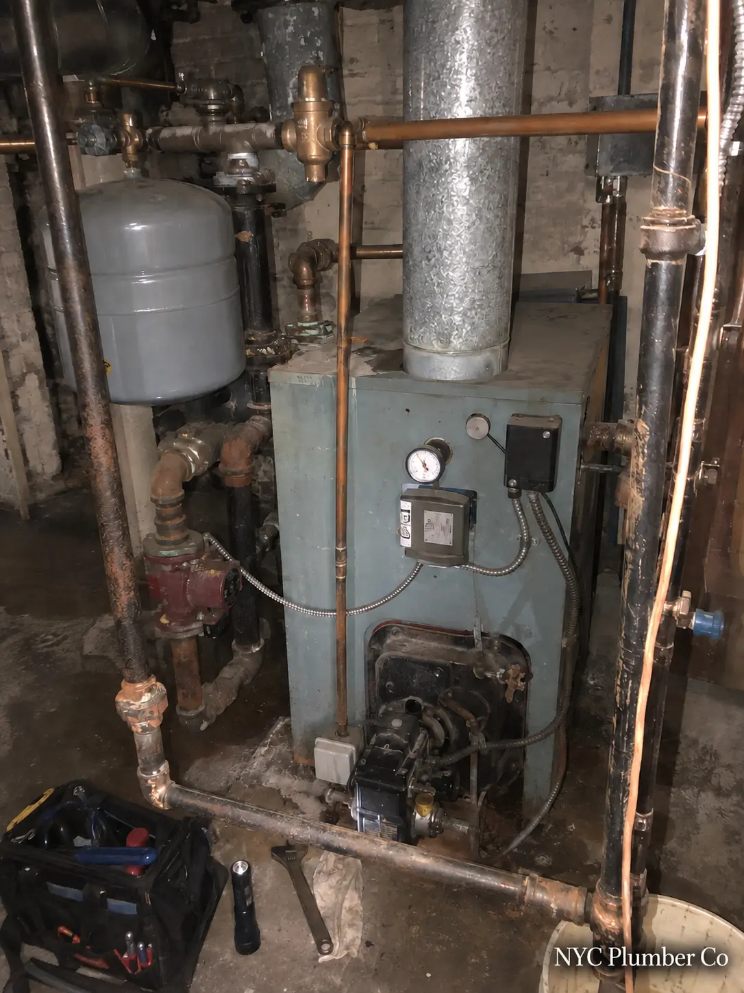 Gas fired boiler with circulator pump and expansion tank